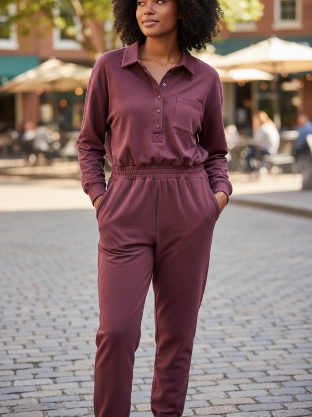 Meet Me In Maui Burgundy Long Sleeve Casual Utility Ribbed Knit Jumpsuit Size XL